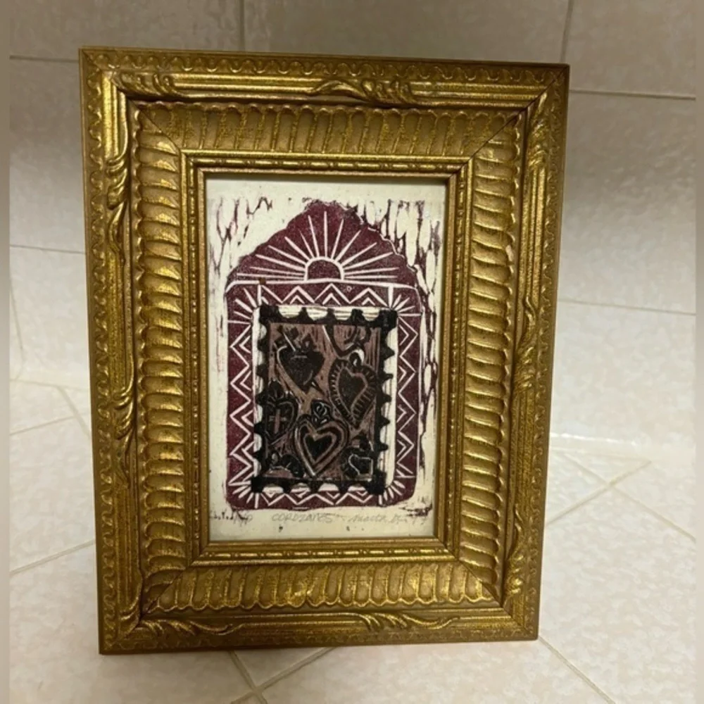 Monoprint   and woodblock framed art by Marta Trevino Martinez “ Corazones”